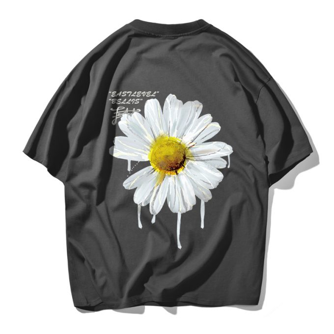 Daisy Flower Print Tshirts Casual Streetwear Short Sleeve Tops Tees Gray