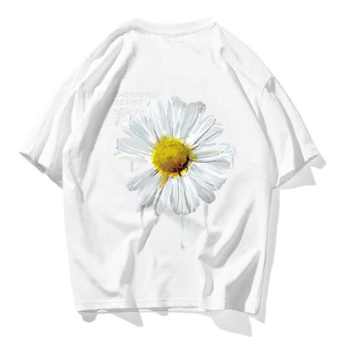 Daisy Flower Print Tshirts Casual Streetwear Short Sleeve Tops Tees White