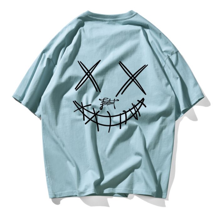 Devil Skull Print Couple Summer Fashion Men T Shirt Hip Hop Blue