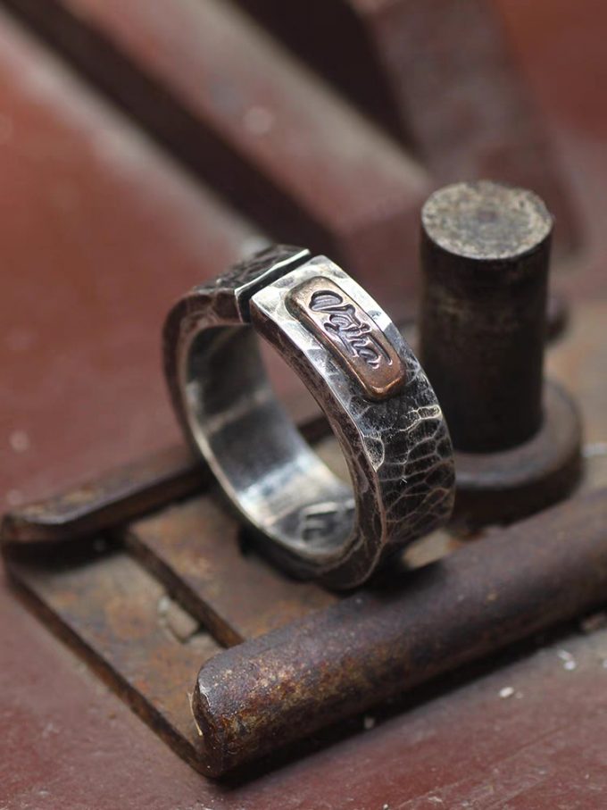 Small Retro Hammer Grain Sterling Silver Ring
